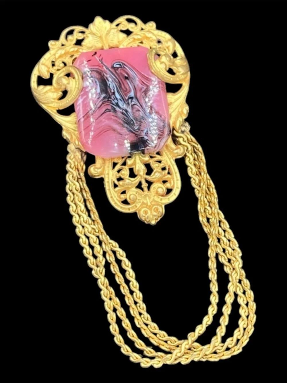 Vintage French Pink Art Glass Vase Chain Swag Brooch
